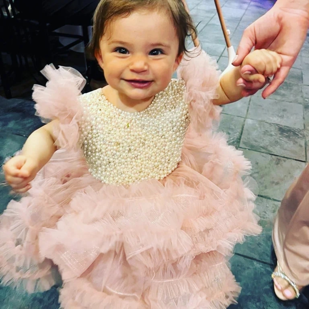 First Birthday Princess Dress pearls tulle puffy pink